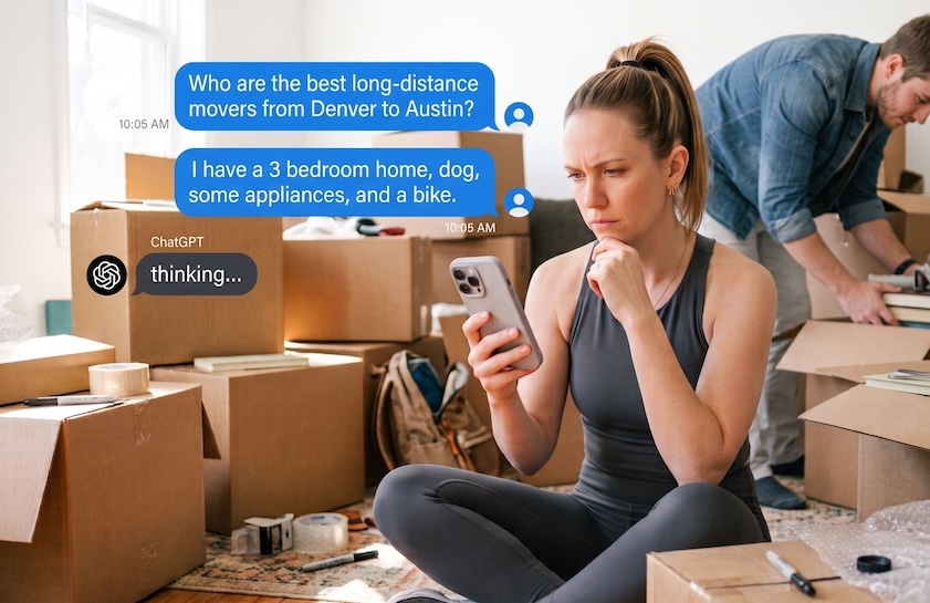 A person sitting among cardboard moving boxes looking uncertain while researching movers on their phone